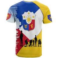 Kids T-shirt back view with Philippines shield crest, flag colors and hero silhouettes