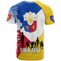 Kids T-shirt back with crest shield, blue/white/red design, yellow sleeves, 'YOUR TEXT'