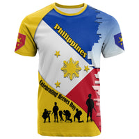 Kids Philippines Heroes Day T-shirt, blue white red diagonal flag with silhouettes and stars