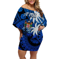 Fiji Coat Of Arms Women Off Shoulder Short Dress Masi Tapa Mixed Palm Tree No2 Blue Version - Wonder Print Shop