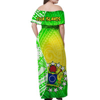 Personalised Happy Gospel Day maxi dress back, green off-shoulder with Cook Islands text print
