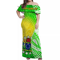 Personalised Happy Gospel Day maxi dress, green-yellow Polynesian pattern with emblem and stars