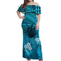custom-personalised-hawaii-pineapple-off-shoulder-long-dress-blue-plumeria-frangipani-mix-tribal-pattern