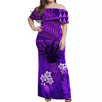 custom-personalised-hawaii-pineapple-off-shoulder-long-dress-purple-plumeria-frangipani-mix-tribal-pattern