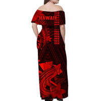 Red and black off-shoulder Hawaiian maxi dress, back view with 'HAWAII' text and fish art