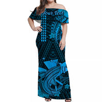 Off-shoulder blue maxi dress with teal shark, flowers, and geometric tribal pattern
