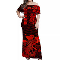 Red and black off-shoulder Hawaiian maxi dress with tribal print and custom 'Your Text'