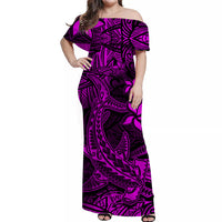 polynesian-off-shoulder-long-dress-pink-hawaiian-tribal-hammerhead-shark
