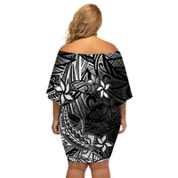Polynesian Off Shoulder Short Dress Black Hawaiian Tribal Hammerhead Shark - Wonder Print Shop