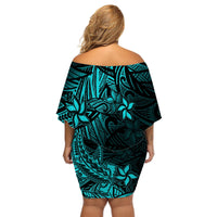 Polynesian Off Shoulder Short Dress Turquoise Hawaiian Tribal Hammerhead Shark - Wonder Print Shop