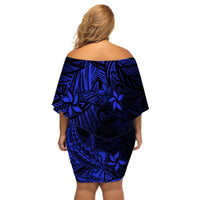 Polynesian Off Shoulder Short Dress Blue Hawaiian Tribal Hammerhead Shark - Wonder Print Shop