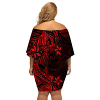 Polynesian Off Shoulder Short Dress Red Hawaiian Tribal Hammerhead Shark - Wonder Print Shop