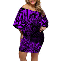 Polynesian Off Shoulder Short Dress Purple Hawaiian Tribal Hammerhead Shark - Wonder Print Shop