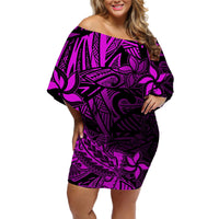 Polynesian Off Shoulder Short Dress Pink Hawaiian Tribal Hammerhead Shark - Wonder Print Shop