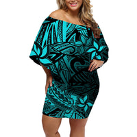 Polynesian Off Shoulder Short Dress Turquoise Hawaiian Tribal Hammerhead Shark - Wonder Print Shop