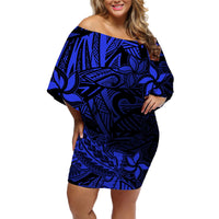 Polynesian Off Shoulder Short Dress Blue Hawaiian Tribal Hammerhead Shark - Wonder Print Shop