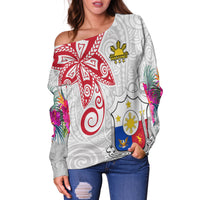 (Custom Personalised) Philippines Off Shoulder Sweater Sun Filipino Polynesian mix Flowers White Vibe LT13 - Wonder Print Shop