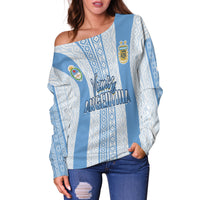 (Custom Text and Number) Argentina Football Off Shoulder Sweater Champions World Cup Gaucho Vamos LT13 - Wonder Print Shop