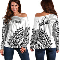 Custom Personalised Fiji Rugby Off Shoulder Sweater Fijian Cibi Dance Tapa Pattern White - Wonder Print Shop