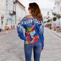 Custom Personalised Guam Chamorro Off Shoulder Sweater Guaman Latte Stone Tropical Flowers Blue Version - Wonder Print Shop