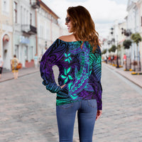 Custom Personalised Polynesian Off Shoulder Sweater Purple Paradise Hawaiian Tribal Hammerhead Shark - Wonder Print Shop