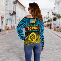 Torba Province Off Shoulder Sweater Vanuatu Pig Tusk Polynesian Flag Style - Wonder Print Shop