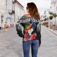 Custom Personalised Guam Chamorro Off Shoulder Sweater Guaman Latte Stone Tropical Flowers Black Style - Wonder Print Shop