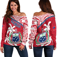 Samoa Off Shoulder Sweater Samoan Coat Of Arms With Coconut Red Style - Wonder Print Shop
