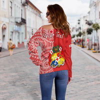 Custom Personalised Tonga Off Shoulder Sweater Tongan Coat Of Arms Ngatu Pattern - Wonder Print Shop
