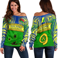 Malampa Province Off Shoulder Sweater Vanuatu Pig Tusk Polynesian Flag Style - Wonder Print Shop