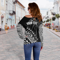 Custom Personalised Fiji Rugby Off Shoulder Sweater Fijian Cibi Dance Tapa Pattern Black - Wonder Print Shop
