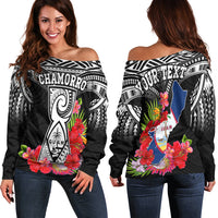 Custom Personalised Guam Chamorro Off Shoulder Sweater Guaman Latte Stone Tropical Flowers Black Style - Wonder Print Shop