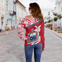 Samoa Off Shoulder Sweater Samoan Coat Of Arms With Coconut Red Style - Wonder Print Shop