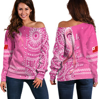 Tonga Breast Cancer Off Shoulder Sweater Tongan Ngatu Pattern No One Fights Alone - Wonder Print Shop