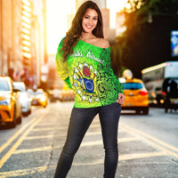 Cook Islands Off Shoulder Sweater Cook Islands Coat Of Arms Turtle Polynesian - Wonder Print Shop