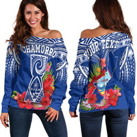 Custom Personalised Guam Chamorro Off Shoulder Sweater Guaman Latte Stone Tropical Flowers Blue Version - Wonder Print Shop