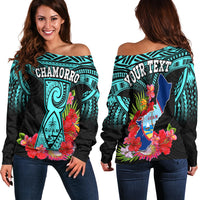 Custom Personalised Guam Chamorro Off Shoulder Sweater Guaman Latte Stone Tropical Flowers Turquoise Style - Wonder Print Shop