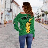 South Africa Rugby Off Shoulder Sweater Bokke Springbok With African Pattern Stronger Together - Wonder Print Shop