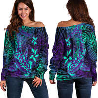 Custom Personalised Polynesian Off Shoulder Sweater Purple Paradise Hawaiian Tribal Hammerhead Shark - Wonder Print Shop