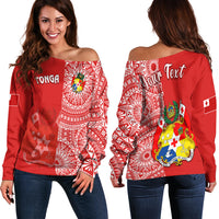 Custom Personalised Tonga Off Shoulder Sweater Tongan Coat Of Arms Ngatu Pattern - Wonder Print Shop