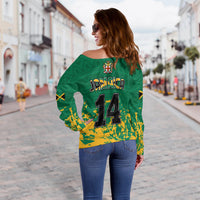 Jamaica Athletics Off Shoulder Sweater Jamaican Flag With African Pattern Sporty Style - Wonder Print Shop
