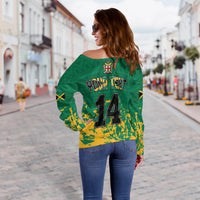 (Custom Text and Number) Jamaica Athletics Off Shoulder Sweater Jamaican Flag With African Pattern Sporty Style - Wonder Print Shop