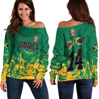 (Custom Text and Number) Jamaica Athletics Off Shoulder Sweater Jamaican Flag With African Pattern Sporty Style - Wonder Print Shop