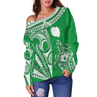 Rarotonga Cook Islands Off Shoulder Sweater Turtle and Map Style Green LT13 - Wonder Print Shop