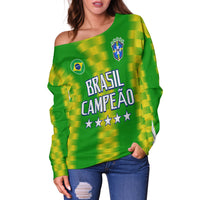 (Custom Text and Number) Brazil Football Champions Off Shoulder Sweater Proud Selecao LT13 - Wonder Print Shop