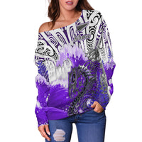 Custom Personalised Manaia Maori Off Shoulder Sweater Fern Aotearoa Purple Waves LT13 - Wonder Print Shop