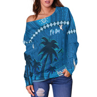Custom Personalised Bula Fiji Day Off Shoulder Sweater Fijian Tapa with Palm Tree 52nd Anniversary LT13 - Wonder Print Shop