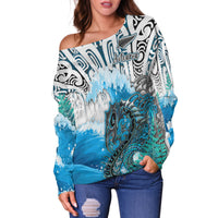 Custom Personalised Manaia Maori Off Shoulder Sweater Fern Aotearoa Blue Waves LT13 - Wonder Print Shop