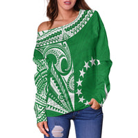 (Custom Text and Number) Cook Islands Tatau Off Shoulder Sweater Symbolize Passion Stars Version Green LT13 - Wonder Print Shop