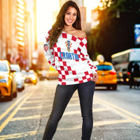 (Custom Text and Number) Croatia Football Off Shoulder Sweater World Cup Champions 2022 Hrvatska LT13 - Wonder Print Shop